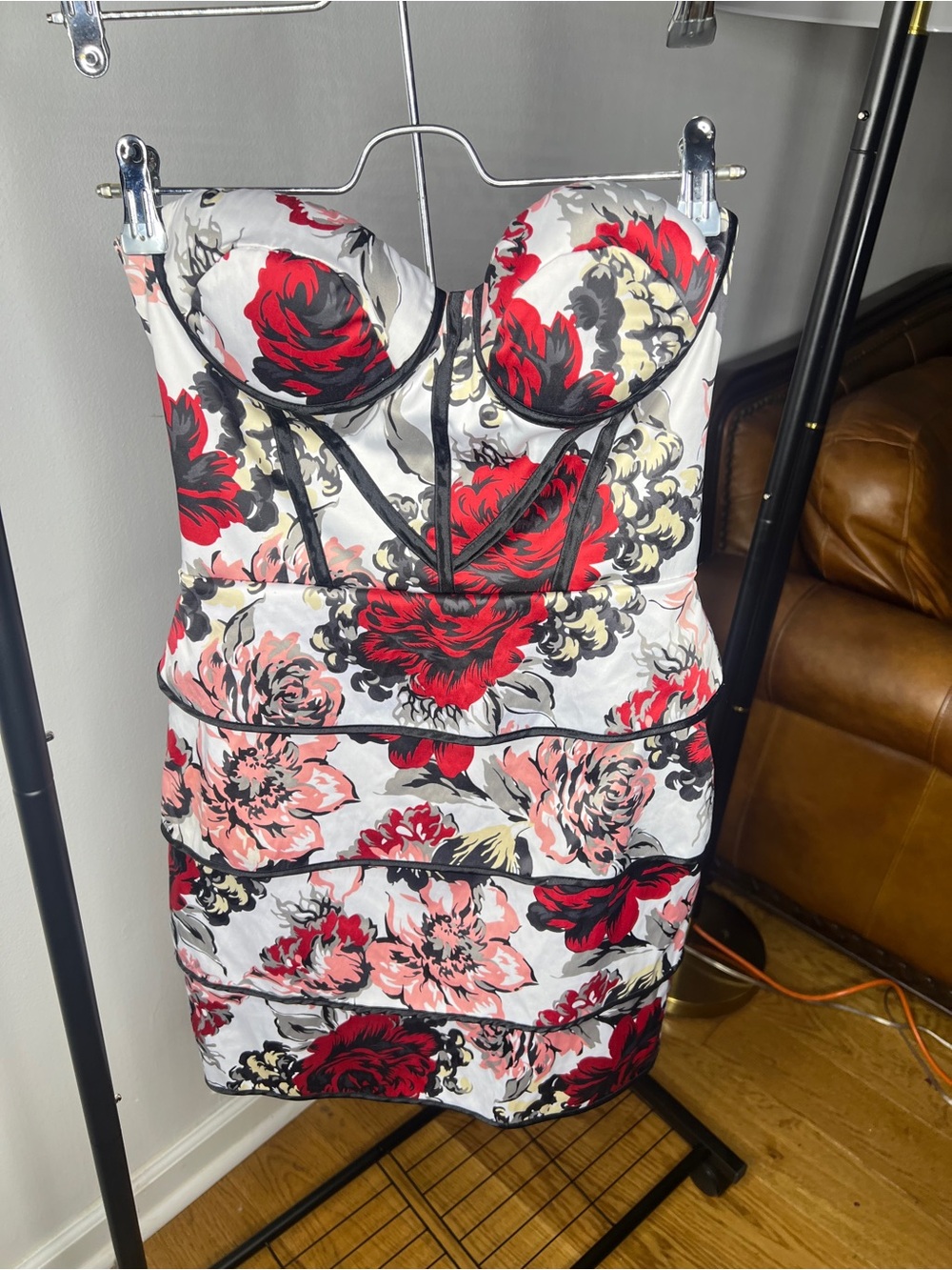 bebe Strapless Floral Bustier Dress in White, Red, Pink and Black